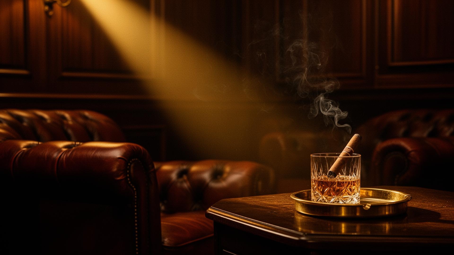 A dimly lit private cigar lounge with leather armchairs and warm amber light